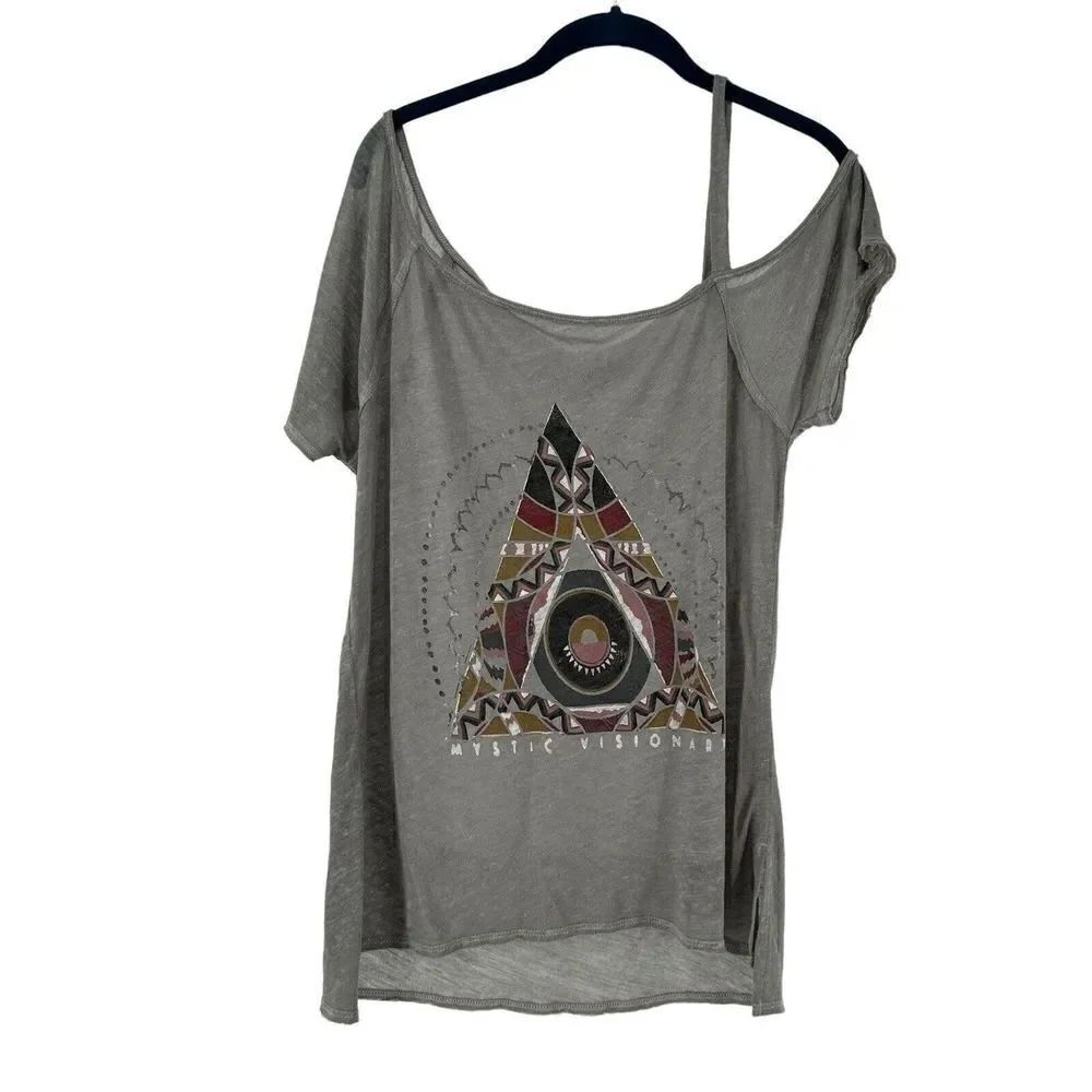 Lucky Brand T Shirt Boho Burnout Gray Cold Shoulder XS Mystic Visionary Pyramid